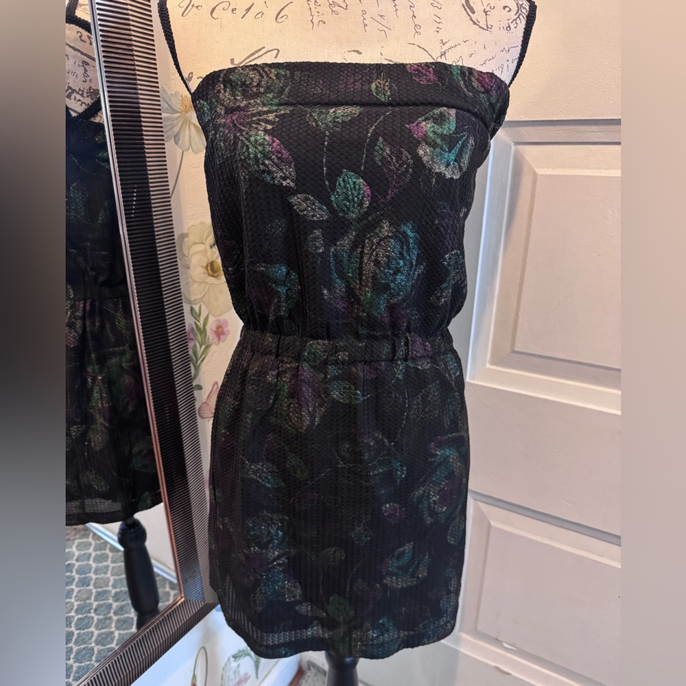 Black Floral Strapless Dress with Elastic Waist